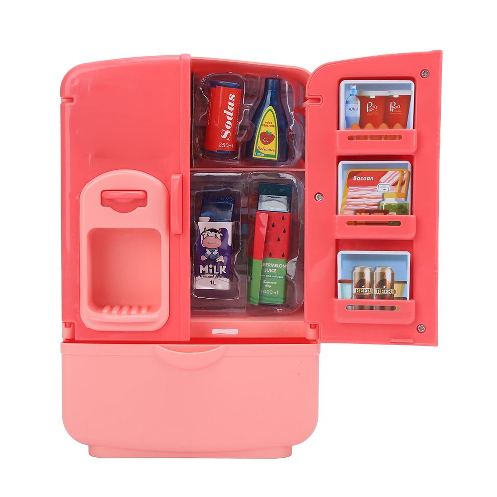 Bnineteenteam Fridge Toy Set, Simulation Intelligent Refrigerator Double Door Kitchen Toys Set Children Play House Toy (Pink)
