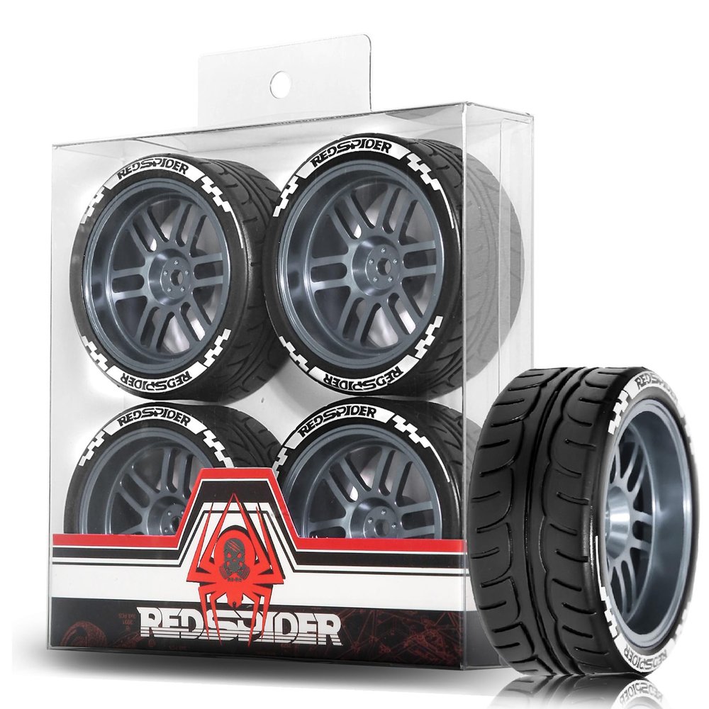 1/10 On Road Tires and Aluminum Wheels 12mm Hex RC Rally Racing Tyres OD 2.56" for Tamiya TT01 TT02 XV01 TA06 A959 PTG2 HPI KYOSHO PTG2 Traxxas 1:10 Street Touring Drift Car (Titanium)