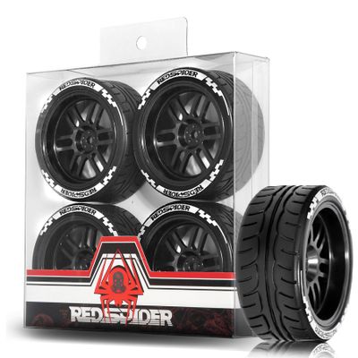 1/10 On Road Tires and Aluminum Wheels 12mm Hex RC Rally Racing Tyres OD 2.56" for Tamiya TT01 TT02 XV01 TA06 A959 PTG2 HPI KYOSHO PTG2 Traxxas 1:10 Street Touring Drift Car (Black)