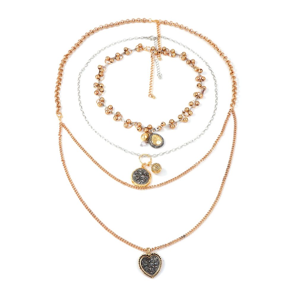 Retro Multi-Layer Stacked Alloy Geometric Pendant Chain Necklace,golden,75+7cm