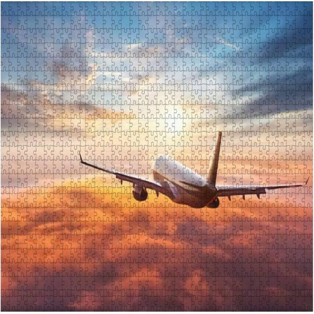 1000 Piece Commercial Airplane Sunset Jigsaw Puzzle - Wooden Material for Adults & Kids, Aircraft Theme, Educational Toy, Ideal, Family Entertainment, DIY Home Decor, Leisure Fun