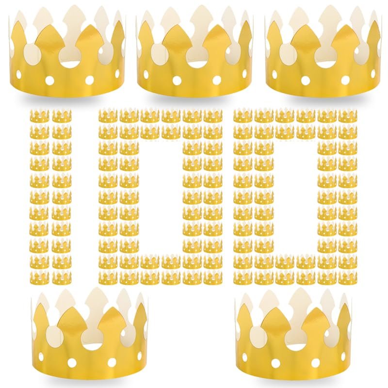 100-Piece Gold Adjustable Paper Crowns with DIY-Size Design, Exclusive for Kids' Birthday Parties & Family Gathering Decorations (Retro Style)