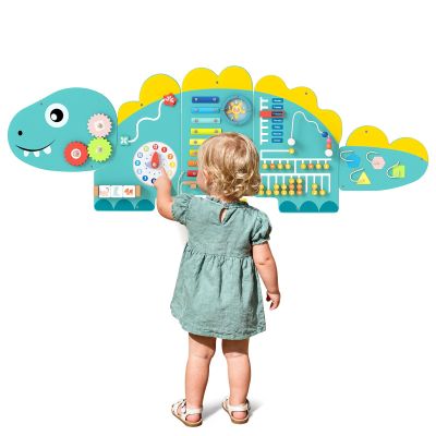 Costzon Dinosaur Activity Wall Busy Board, 11-in-1 Interactive Montessori Wooden Sensory Wall Panel for Kids, Toddler Learning Activity Center, Ideal Furniture for Playroom, Daycare, Nursery (Green)