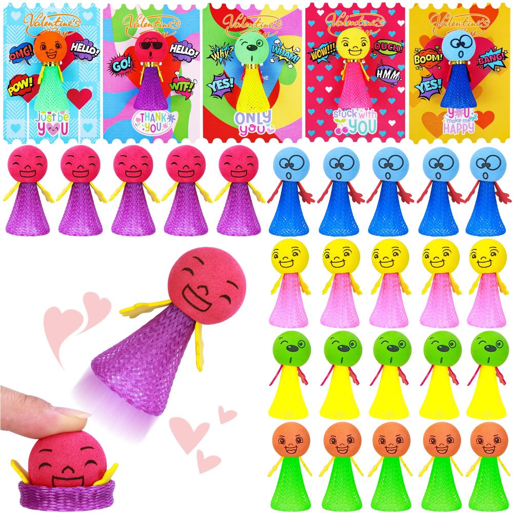 28 Pack Valentines Day Cards for Kids School Classroom Exchange, Jumping Spring Popper Toys with 28 Cards and Gold Strings, Emoji Bouncy Figures for Party Favors Treasure Box Prizes and Goodie Bags