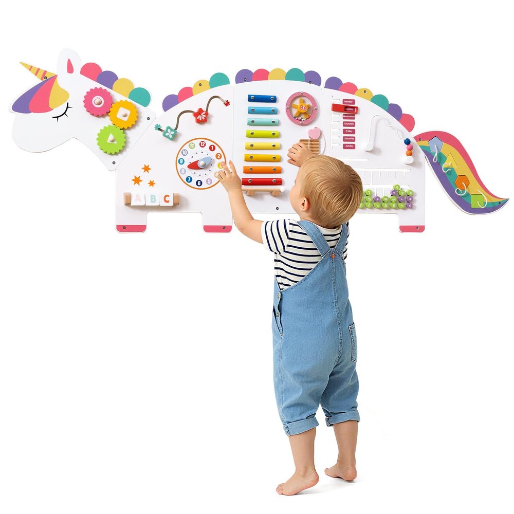Costzon Activity Wall Busy Board, 11-in-1 Montessori Wooden Sensory Board Panels for Kids 3+, Wall-Mounted Toddler Learning Activity Center for Playroom, Daycare, Nursery, Classroom (White)