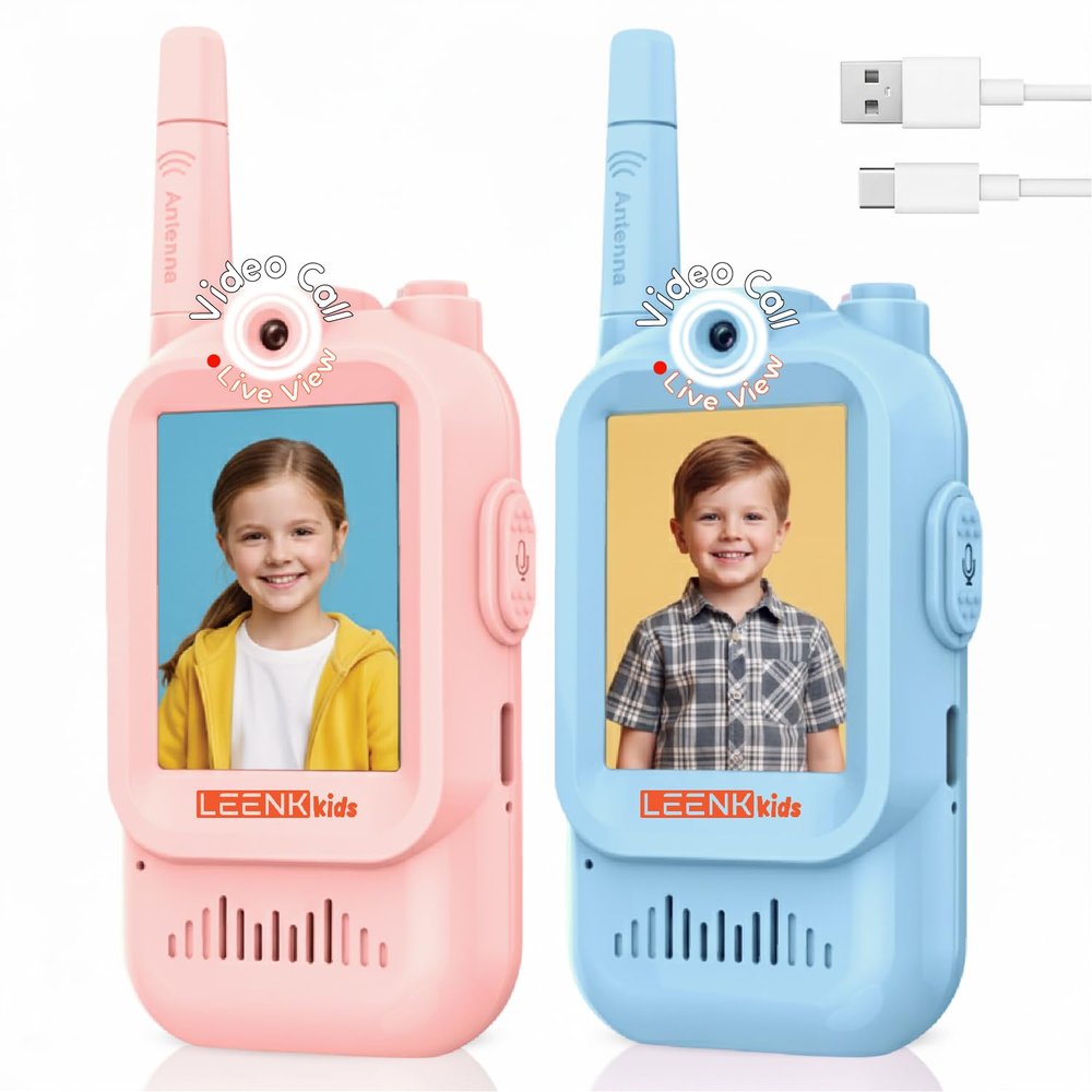 LEENK Video Walkie Talkies for Kids 2 Pack  Rechargeable Video Intercom Handheld, Indoor & Outdoor Range, Easy Use for Ages 3-12, Eco ABS, Clear Voice & Long Distance Communication (Blue & Pink)