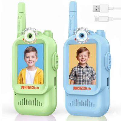 LEENK Kids Video Walkie Talkies 2 Pack  Rechargeable Video Intercom Handheld, Indoor & Outdoor Range, Easy Use for Ages 3-12, Eco ABS, Clear Voice & Long Distance Communication (Blue & Green)