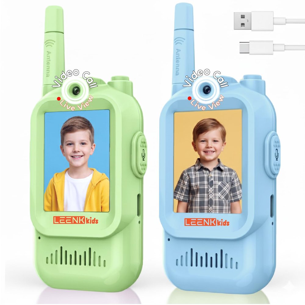 LEENK Kids Video Walkie Talkies 2 Pack Rechargeable Video Intercom Handheld, Indoor & Outdoor Range, Easy Use for Ages 3-12, Eco ABS, Clear Voice & Long Distance Communication (Blue & Green)