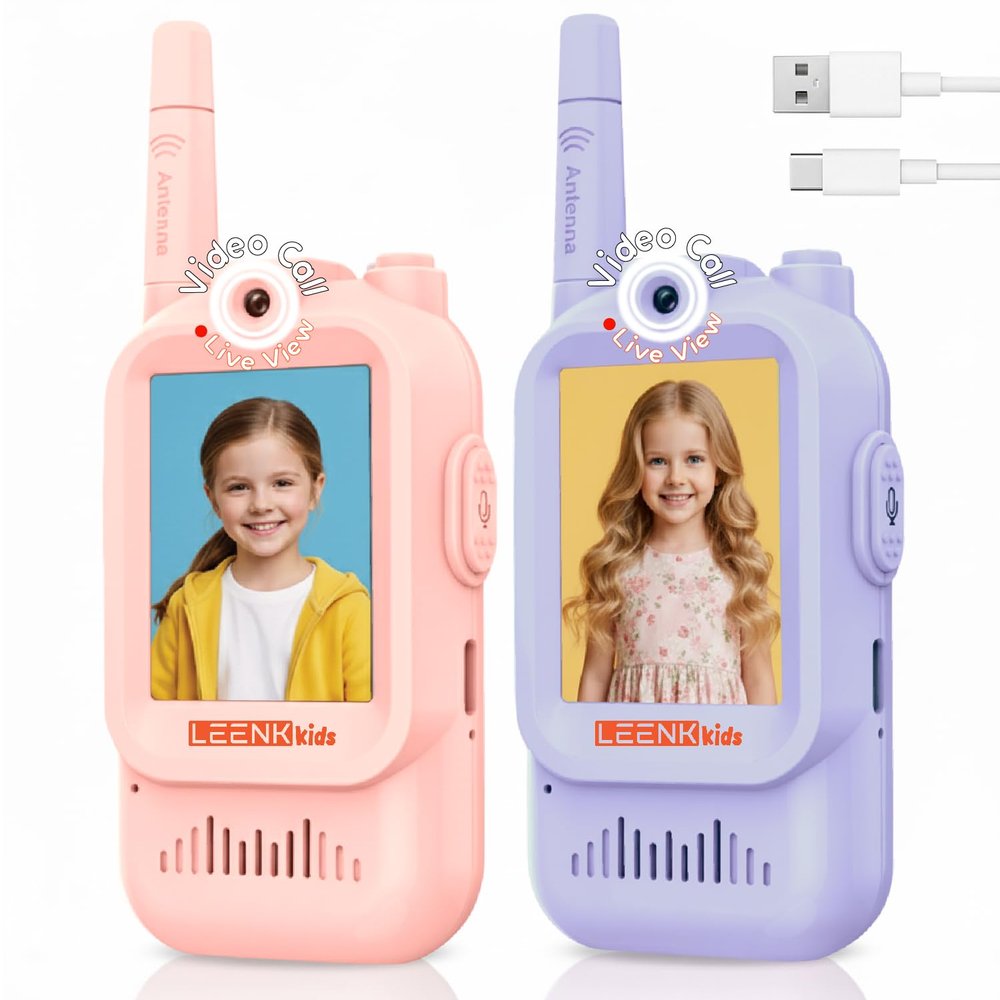 LEENK Video Walkie Talkies for Kids 2 Pack Rechargeable Video Intercom Handheld, Indoor & Outdoor Range, Easy Use for Ages 3-12, Eco ABS, Clear Voice & Long Distance Communication (Pink & Purple)
