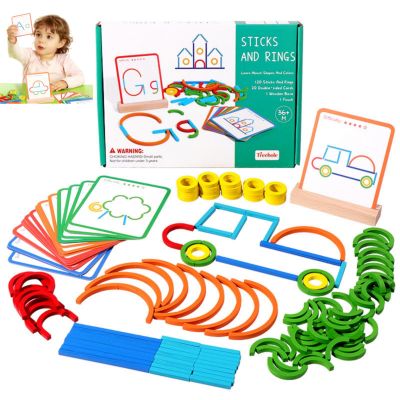 142Pcs Montessori Smart SticksSuitable Toddlers Comes 120 Sticks and Rings 20 Double-Sided Cards, Helps Develop Toddlers' Thinking Hand-Eye Coordination Skills.