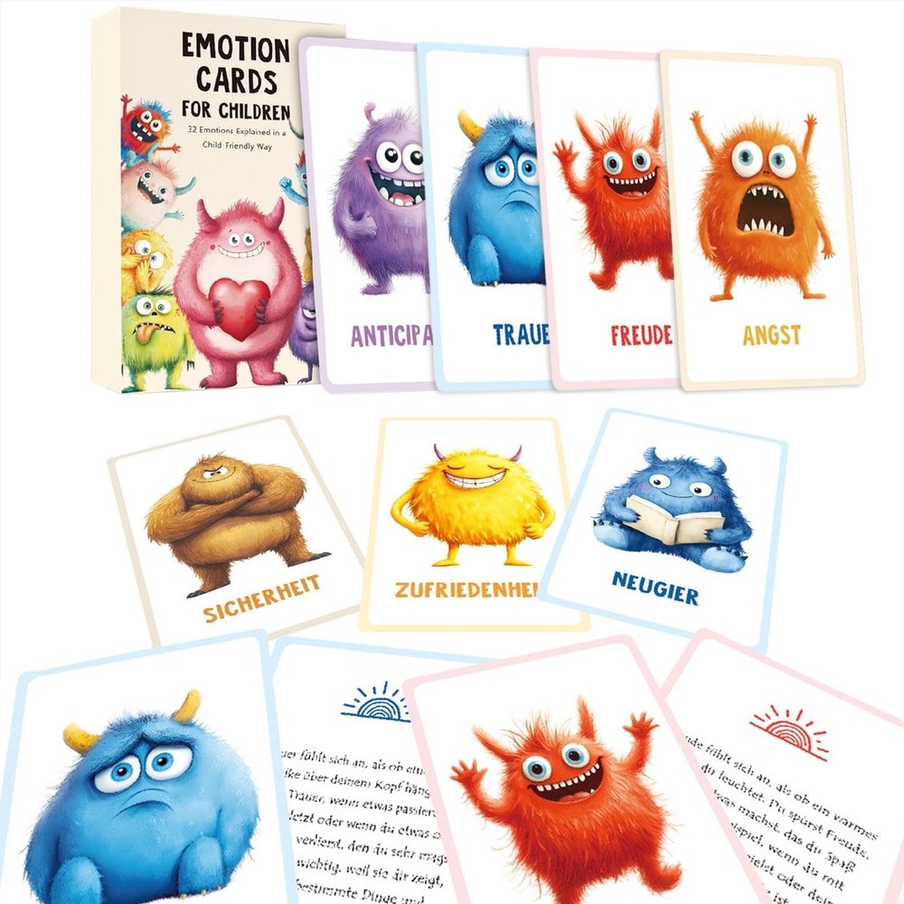 Big Feelings Deck - 32PCS Monster Feelings Flash Cards Double Sided with Various Expressions and Coping MethodsPerfect for Kids, Adults, Seniors, Speech Therapy & Home School (German)