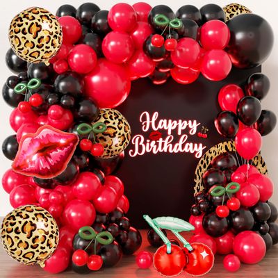 110pcs Red and Black Balloon Garland Arch Kit with 3 Cheetah Leopard Foil Balloons, Giant Kiss Lips, Cherry Foil, DIY Green Stems for Y2K Baddie Birthday, Bachelorette Party Decorations