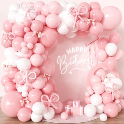 110pcs Coquette Pink Bow Balloon Garland Arch Kit with DIY 3D Ribbon Bows, 18/12/10/5 Inch Pastel Pink & White Latex Balloons for Girl Baby Shower, 1st Birthday, Balletcore Princess Party