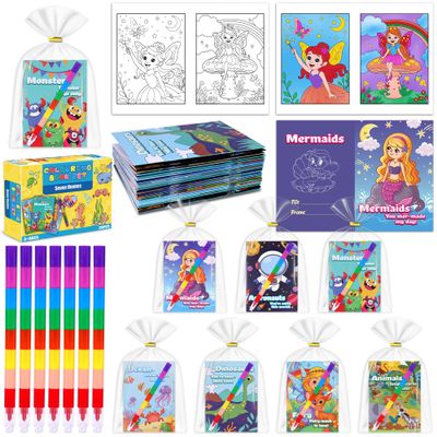 28 Pack Valentines Day Gifts for Kids School Classroom Exchange, Mini Coloring Books with 28 Crayons, 7 Fun Themes Non Candy Valentines Party Favors for Birthday Goodie Bag Stuffers Classroom Prizes