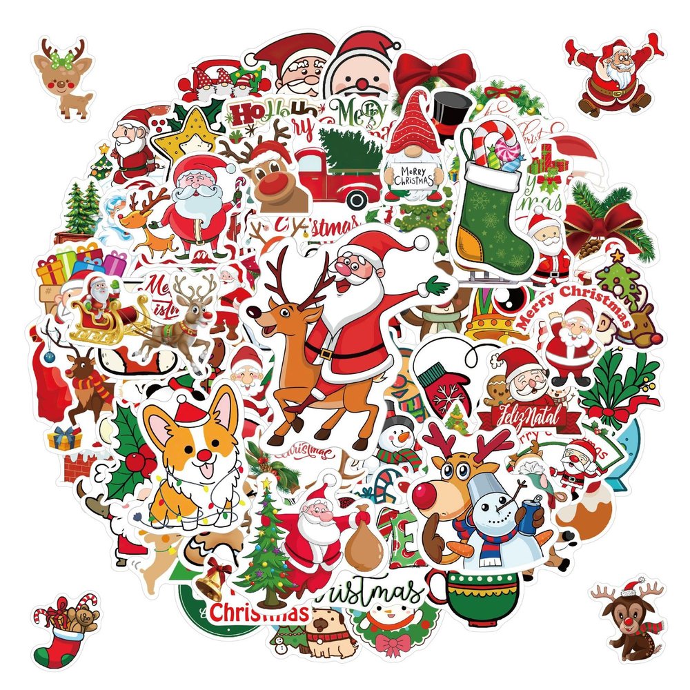 100 Pcs Christmas Stickers, Santa Claus, Reindeer, Sleigh & Christmas Trees Stickers, Vinyl Decals for Water Bottles, Laptops, Journals
