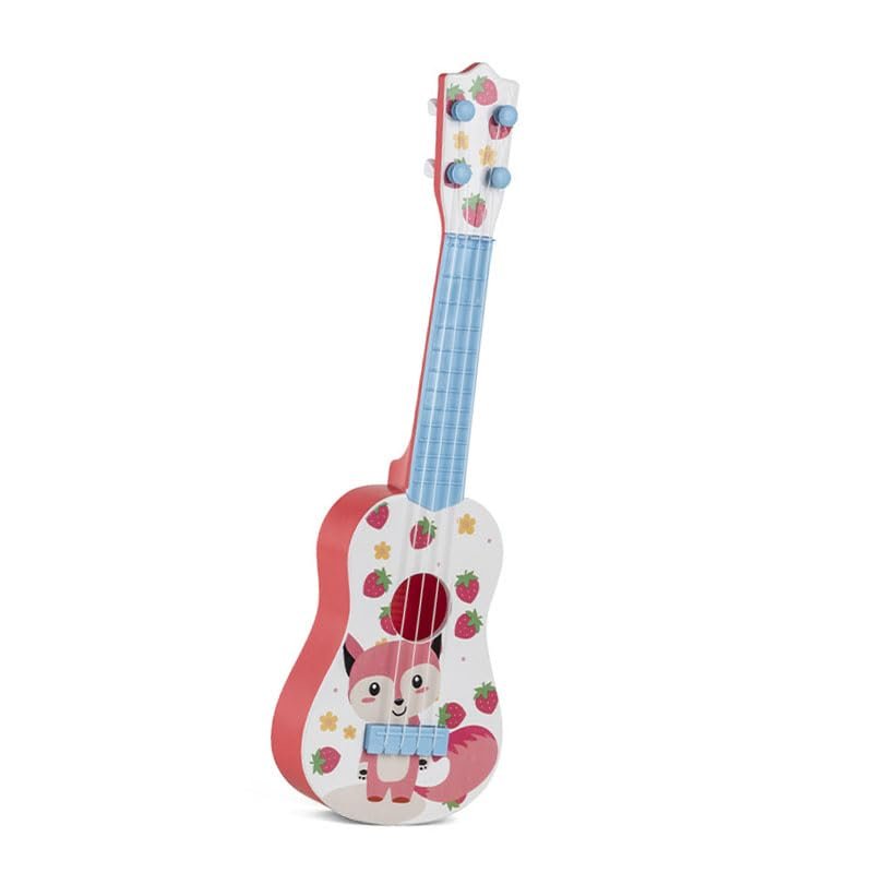 Alomejor Kids Ukulele, 4 String Plastic Guitar Toy with Cartoon Design, Educational Musical Instrument for Beginners, Playable Toy for Boys and Girls (Strawberry Fox Pattern)
