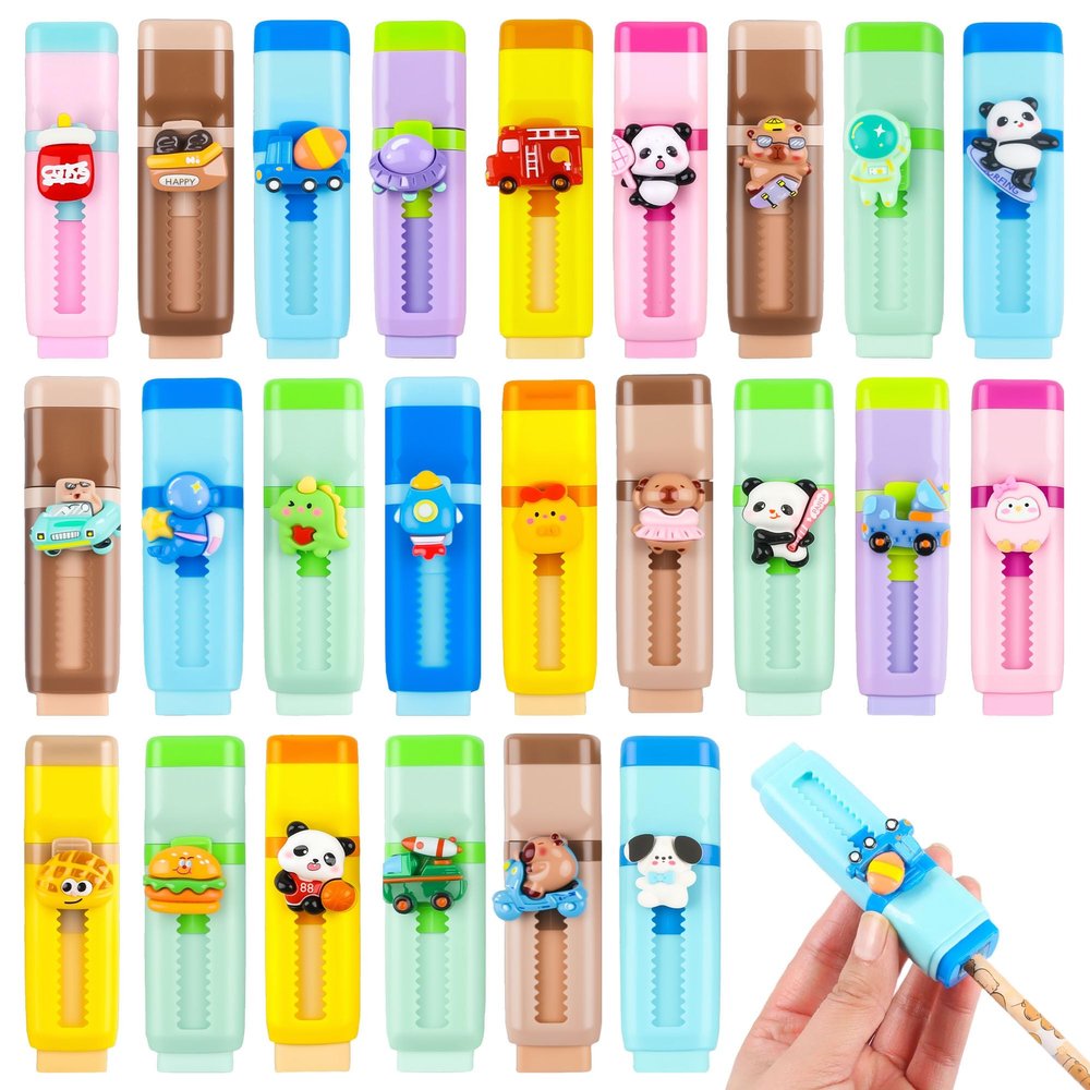 24 Pcs 2-in-1 Cute Retractable Eraser with Pencil Sharpener, Cute Kawaii School Supplies for Kids, Fun Cartoon Design for Classroom, Party Favors and Back to School Gifts