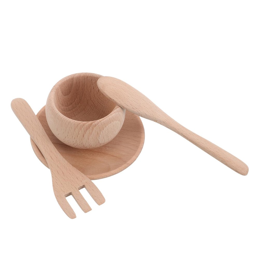Abaodam Montessori Wooden Kitchen Playset with Realistic Fork Utensils Plates and Dishes Cooking Accessories for Roleplaying Fun in Restaurants and Supermarkets