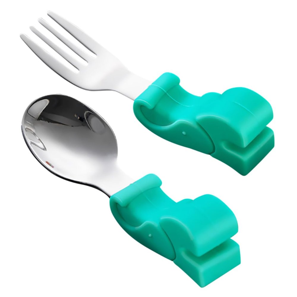 Yardwe Stainless Steel Spoon and Fork with Silicone Handles Short Handle Utensils with Portable Storage Box Corrosion Resistant Tableware for Self-feeding