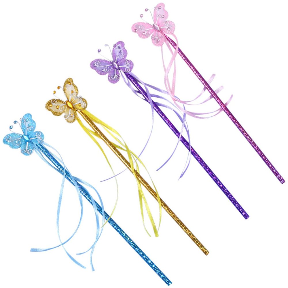 BESPORTBLE 4Pcs Shining Fairy Wands Glitter Butterfly Stick for Party Props Cosplay Accessories Birthday Classroom Crafts Purple Pink Blue Gold