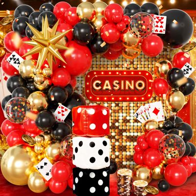 104pcs Casino Party Decorations Balloon Garland Arch Kit with 3 Giant Foil Dice Balloons & Gold Exploding Star, 18/12/10/5 Inch Red Black Gold Confetti Balloons for Las Vegas Poker Night