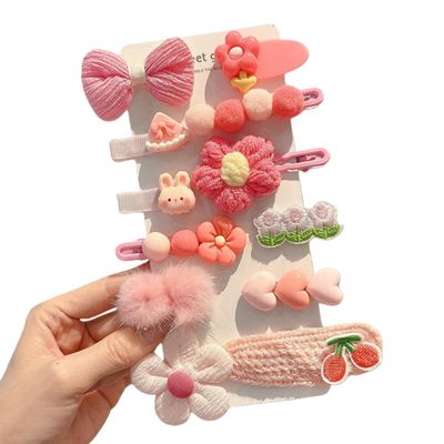 (12 Pcs) Super Cute Lovely Warm Autumn Winter Spring Theme Kid's Hairpin Flower Floral Bear Bowknot Hair Clips Hair Decoration Women Girls Salon Hairstyle Hairdressing Grip -Pink