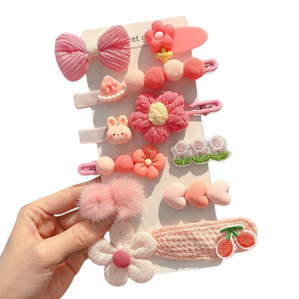 (12 Pcs) Super Cute Lovely Warm Autumn Winter Spring Theme Kid's Hairpin Flower Floral Bear Bowknot Hair Clips Hair Decoration Women Girls Salon Hairstyle Hairdressing Grip -Pink