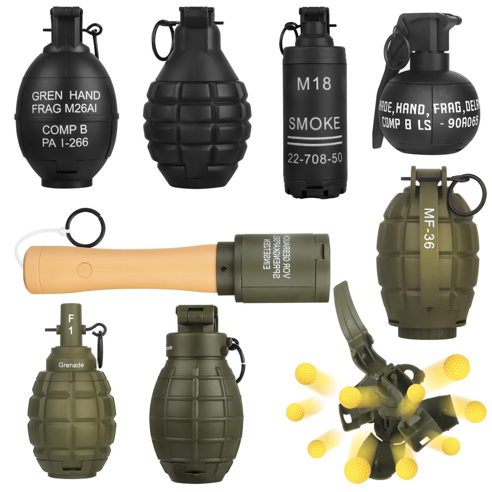 8Pcs Toy Hand Grenade for Tactical Game with 50 Round Ammo Model Battle Fake Grenade Toys for Outdoor Sport Role Play Prop Game,14+ and Adults