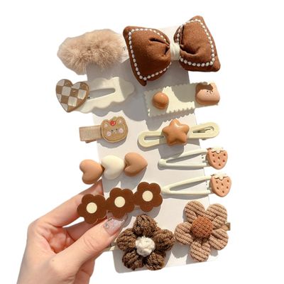 (12 Pcs) Super Cute Lovely Warm Autumn Winter Spring Theme Kid's Hairpin Flower Floral Bear Bowknot Hair Clips Hair Decoration Women Girls Salon Hairstyle Hairdressing Grip -Brown