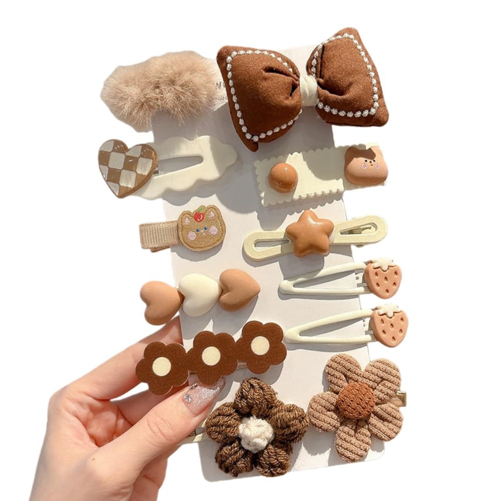 (12 Pcs) Super Cute Lovely Warm Autumn Winter Spring Theme Kid's Hairpin Flower Floral Bear Bowknot Hair Clips Hair Decoration Women Girls Salon Hairstyle Hairdressing Grip -Brown
