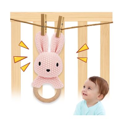 JUSTQUNSEEN Baby Rattle Teether Bunny Pink Crochet Rabbit Toy for Baby Girl Handmade Knitted Easy Grip Wood Handle for Gum Relief Woodland Animal Plush Stuffed Easter Basket Shower Gift Newborn