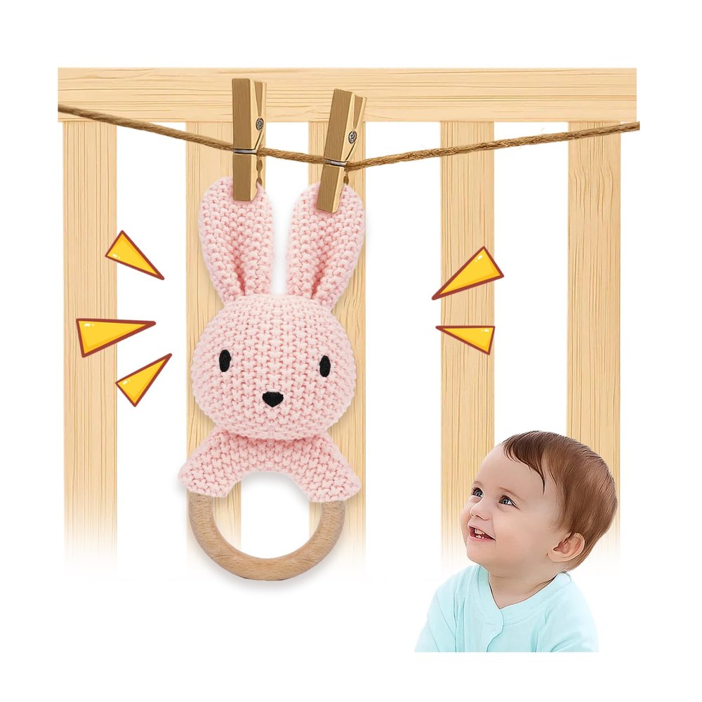 JUSTQUNSEEN Baby Rattle Teether Bunny Pink Crochet Rabbit Toy for Baby Girl Handmade Knitted Easy Grip Wood Handle for Gum Relief Woodland Animal Plush Stuffed Easter Basket Shower Gift Newborn