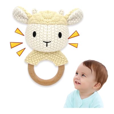 JUSTQUNSEEN Sheep Baby Rattle for Newborn Plush Rings Crochet Lamb Teether Toy Wood Handle Textured Sensory Grip Fine Motor Skills Teething Toy Cute Farm Animal Plush Stuffed Stuffer Photo Prop