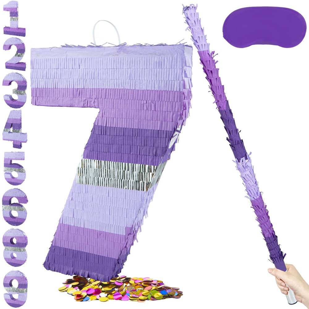 PCFING 20 Inch Number 7 Piata Purple Silver with 30 Inch Piata Stick Blindfold Confetti for Boy Girl Kids Birthday Party Decorations, Anniversary Celebration, Fiesta