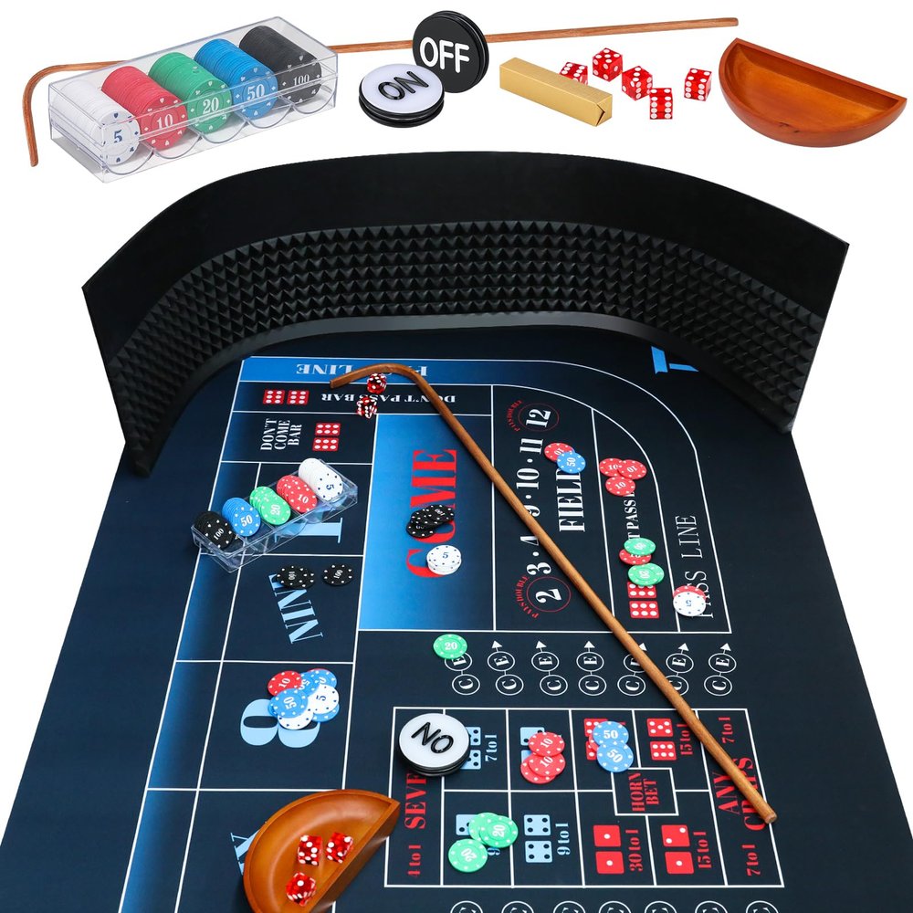 Proshine Craps Tabletop Game Set with 35*70" Rubber Craps Tabletop Layout Mat, 48*11" Rubber Craps Diamond Pyramid Bumper, 36" Rattan Stick, Casino Grade 19mm Dice, On/Off Button &100 pcs Chips (BLUE)