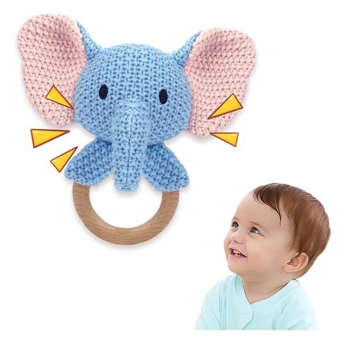 JUSTQUNSEEN Elephant Baby Rattle Teething Ring Cute Jungle Animal Sensory Toy for Baby Boys Girls 0-3 Months Knitted Crochet Plush Stuffed Texture Montessori Grasping Shaker Stroller Travel Gift