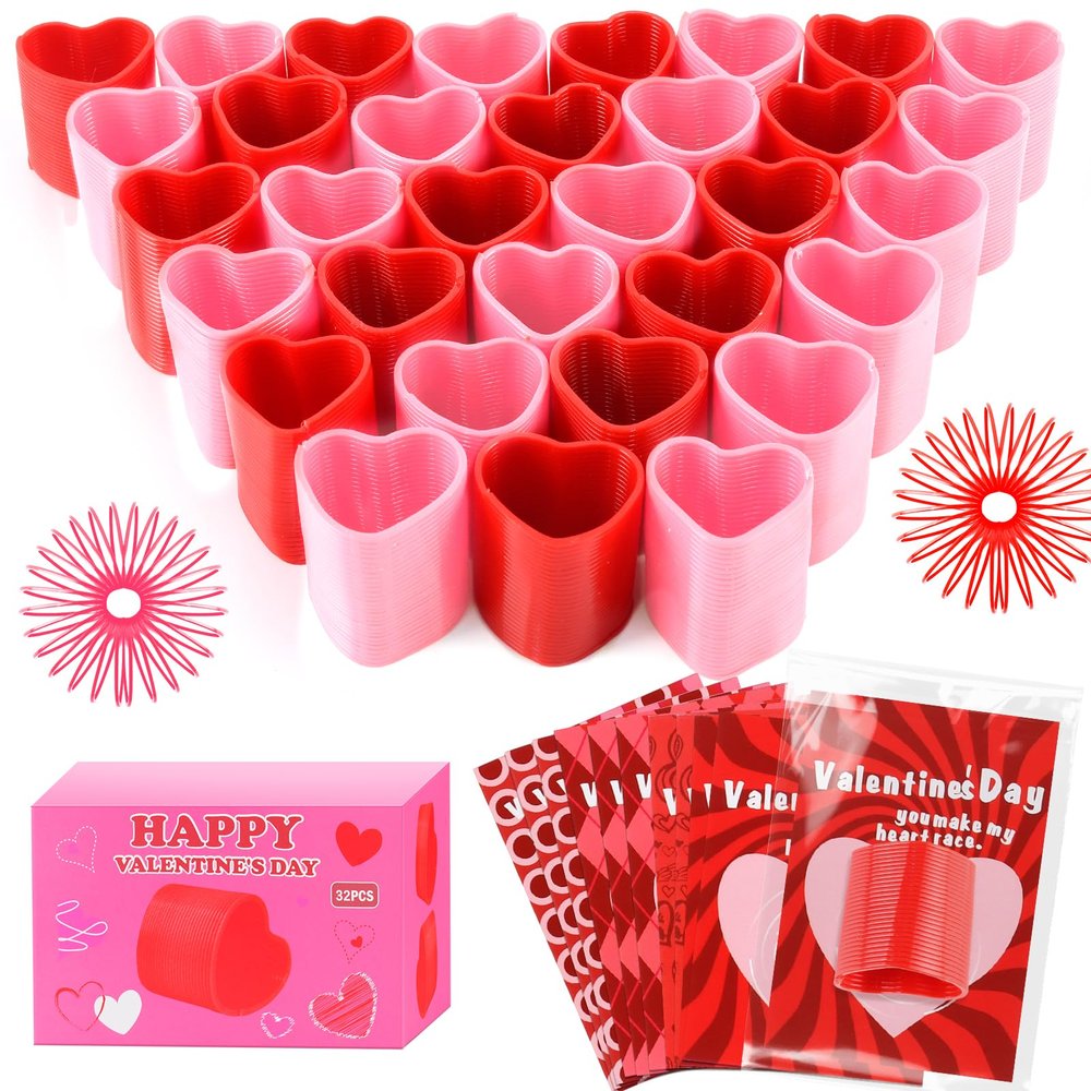 TATWOQ Valentine Fidget Toys with Cards 32 Pack - Valentines Day Cards for Kids & Heart Coil Springs, Classroom Exchange Gifts, Fidget Valentines for Class, Party Favors (Red+Pink)