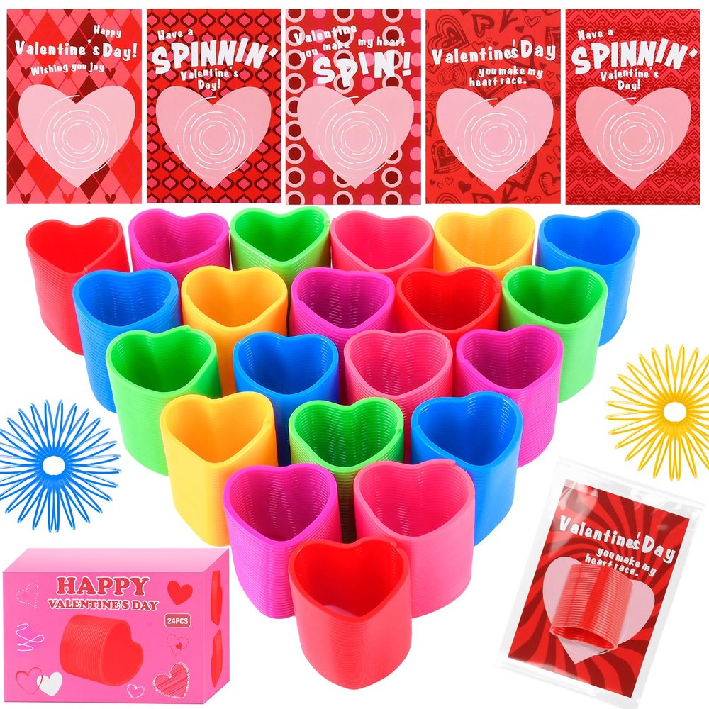TATWOQ Valentine Fidget Toys with Cards 24 Pack - Valentines Day Cards for Kids & Heart Coil Springs, Classroom Exchange Gifts, Fidget Valentines for Class, Party Favors (6 Colors)