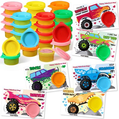 Seenelling 24 Sets Valentine's Day Modeling Clay with Cards Mini Modelings Dough Bulk Valentine Gifts for Kid Valentines Goodies Bag Filler Classroom Gift Exchange Party Favor(Monster Truck)