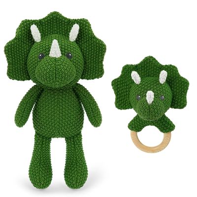 10'' Baby Green Triceratops Stuffed Animal Set with 5.9'' Dino Wooden Baby Rattle Cute Cotton Baby Boy Gifts Teething Plush Doll Toy Teddy Bear for Newborn, Baby Shower, Birthday, Easter Gift
