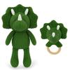 10'' Baby Green Triceratops Stuffed Animal Set with 5.9'' Dino Wooden Baby Rattle Cute Cotton Baby Boy Gifts Teething Plush Doll Toy Teddy Bear for Newborn, Baby Shower, Birthday, Easter Gift view 1