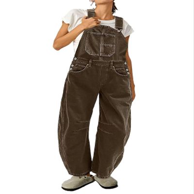 Flamingals Barrel Leg Stitch Detail Button Side Denim Overalls for Women Casual Jumpsuits with Pockets Mocha S