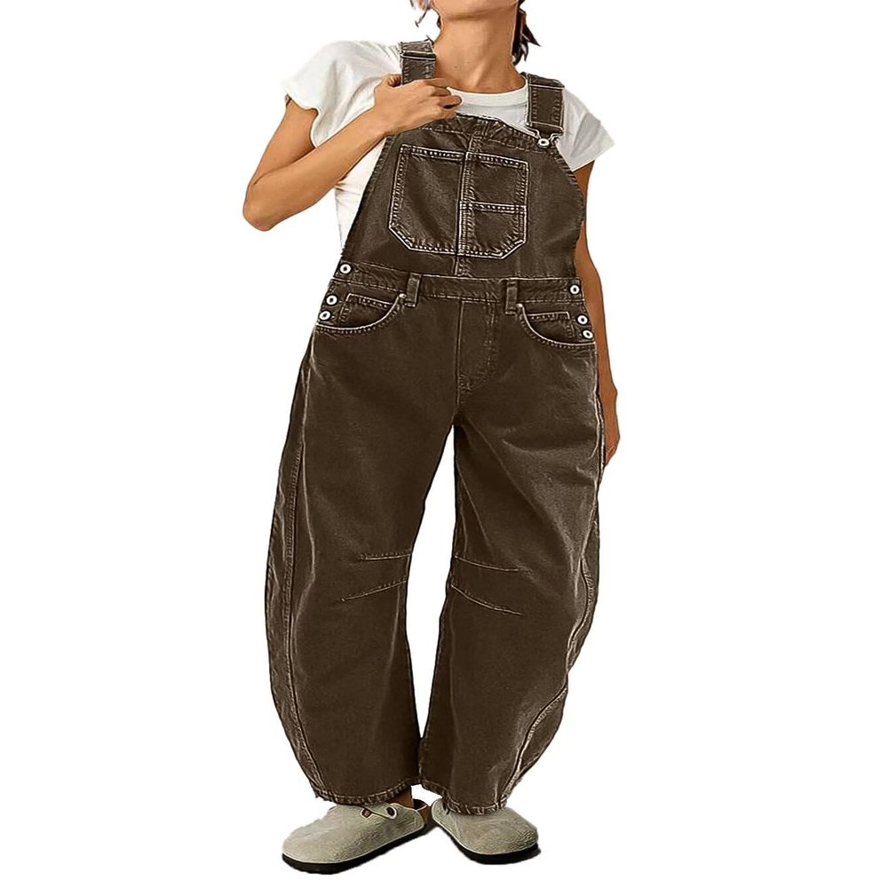 Flamingals Barrel Leg Stitch Detail Button Side Denim Overalls for Women Casual Jumpsuits with Pockets Mocha S
