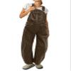 Flamingals Barrel Leg Stitch Detail Button Side Denim Overalls for Women Casual Jumpsuits with Pockets Mocha S view 1