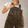 Flamingals Barrel Leg Stitch Detail Button Side Denim Overalls for Women Casual Jumpsuits with Pockets Mocha S view 2