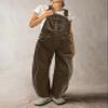 Flamingals Barrel Leg Stitch Detail Button Side Denim Overalls for Women Casual Jumpsuits with Pockets Mocha S view 3