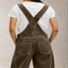 Flamingals Barrel Leg Stitch Detail Button Side Denim Overalls for Women Casual Jumpsuits with Pockets Mocha S view 4
