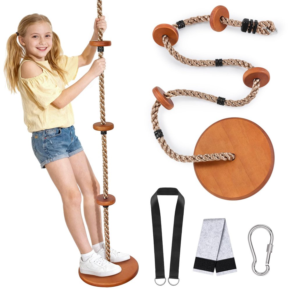 2-in-1 Wooden Disc Swing Set with Climbing Rope & 4 Platforms, 75IN Rope Kids Tree Swing with Straps&Carabiners for Outside Backyard, Playground,Tree House