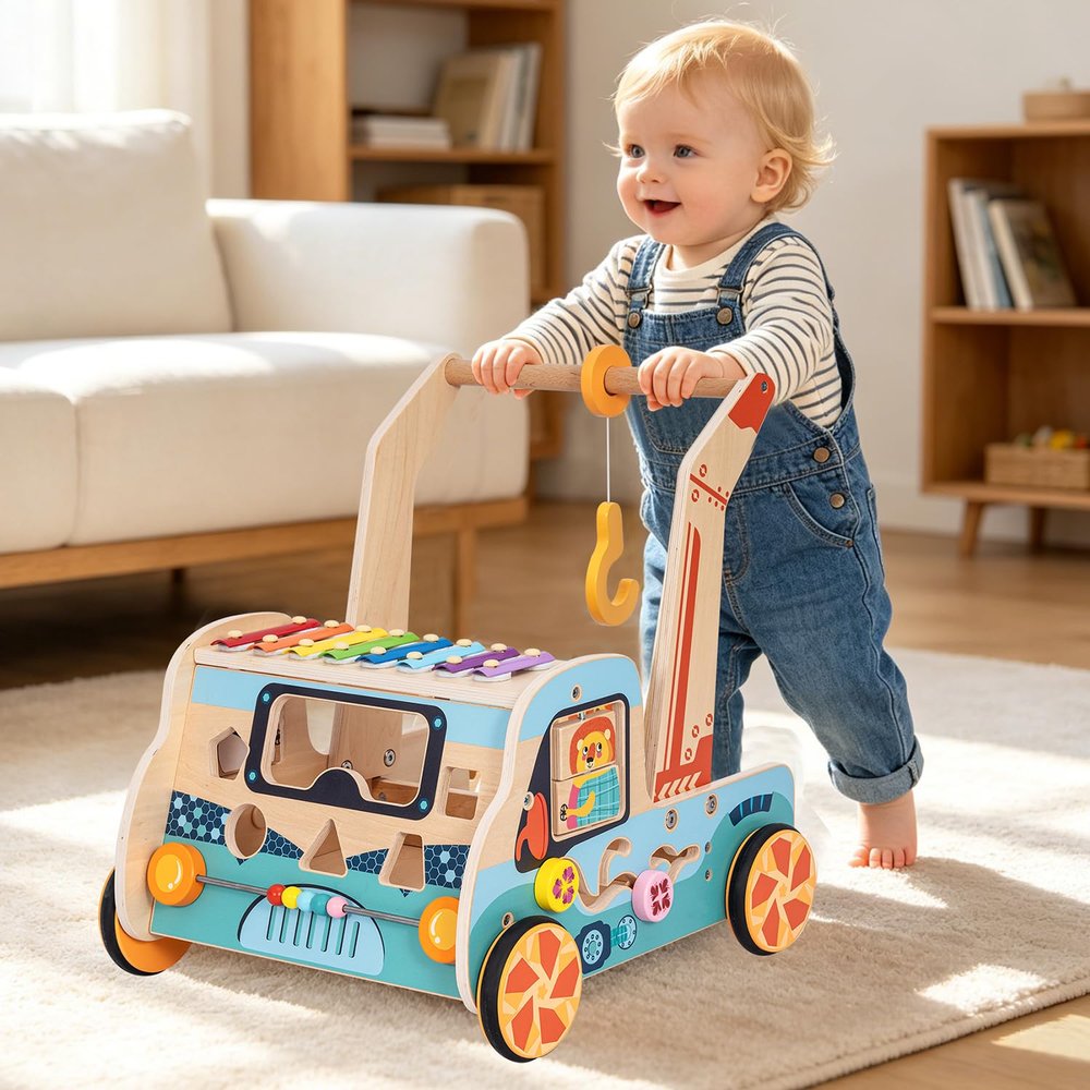 UDEAS Pre-Assembled 9 in 1 Wooden Baby Walker with Activity Center Montessori Push Toy for Boys & Girls | Walker for 18 Months & Toddlers, Learning to Walk Gift