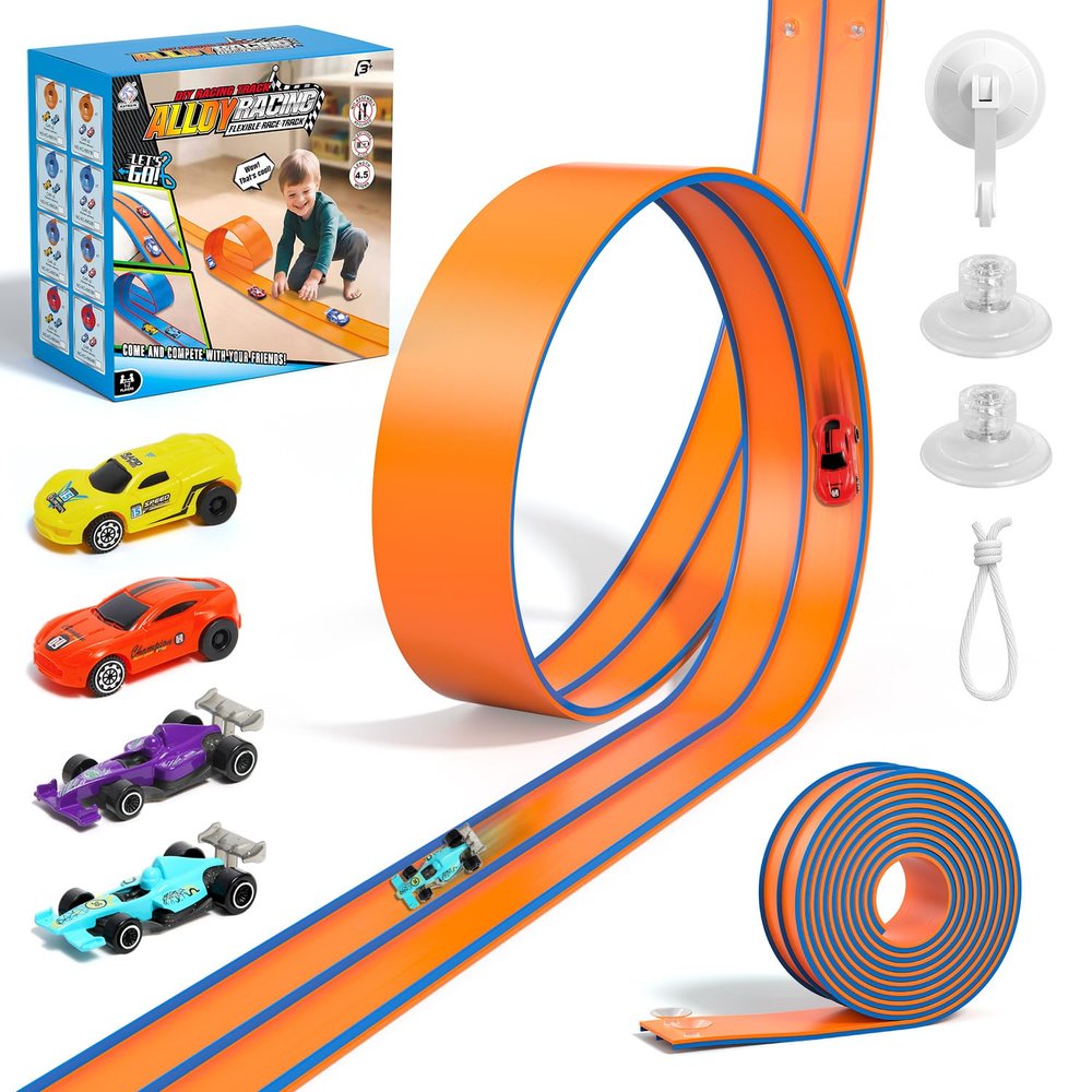 Flex Tracks 15 Ft Flexible Race Car Track for Kids with 2 Suction Cups, Race Car Ramp Track Compatible with Diecast 1/64th Cars, Birthday Gifts for Boys Girls Ages 3+